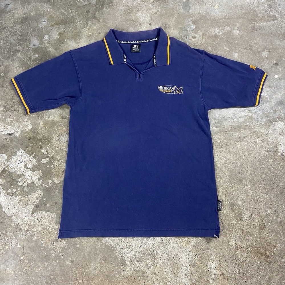 Vintage 90s Starter University Of Michigan Wolverines Polo Shirt Size Large Blue